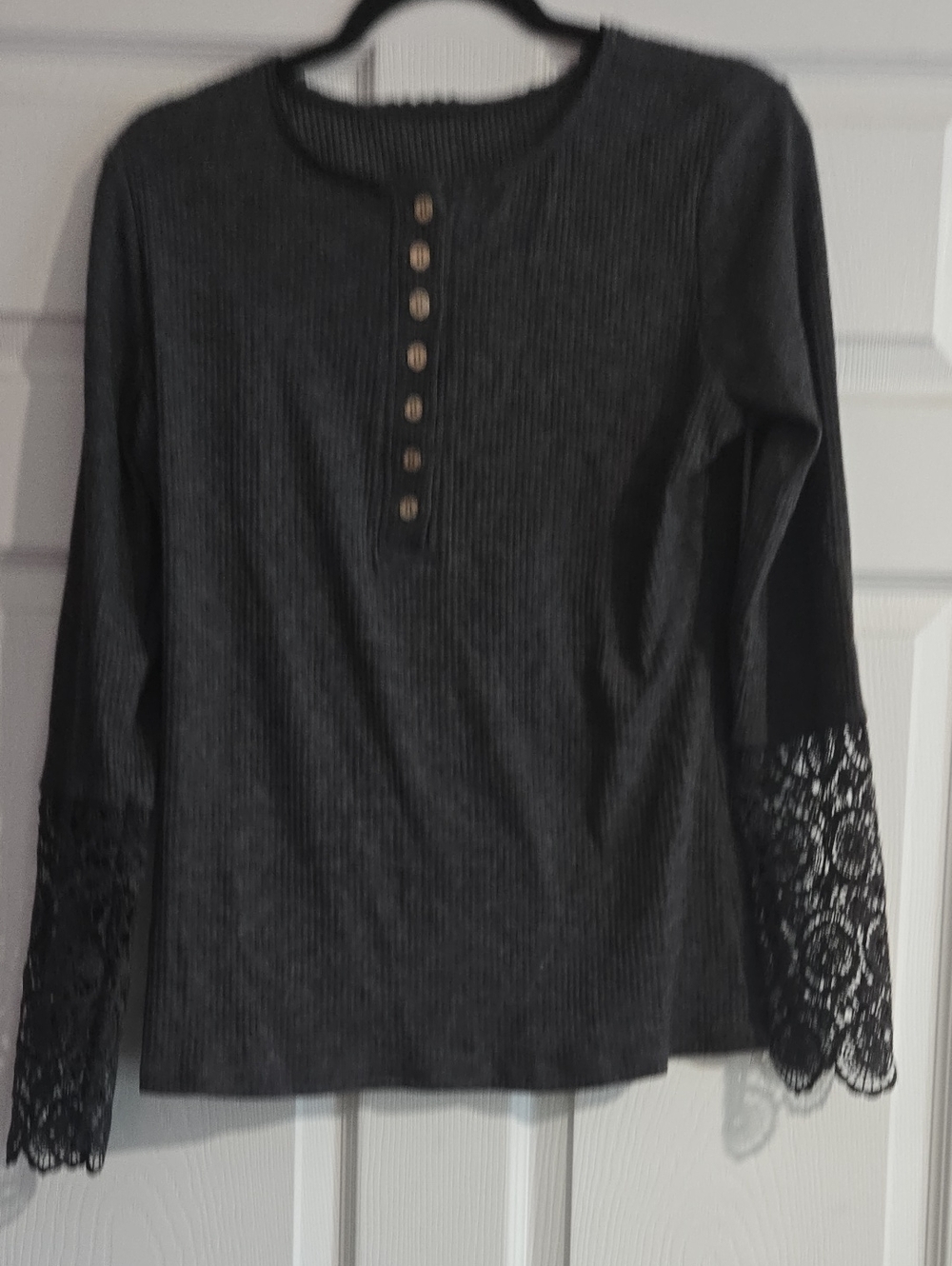 Women's Black Ribbed Lace-Sleeve Henley Top